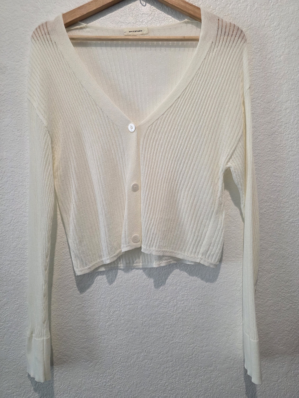 Max Studio Cream V-Neck Ribbed Button-Front Sweater - Picture 4 of 11